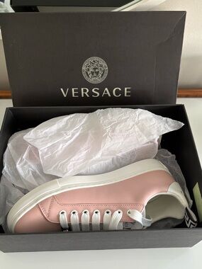 Versace Powder Blush Vitello Leather Signature Lace Sneakers